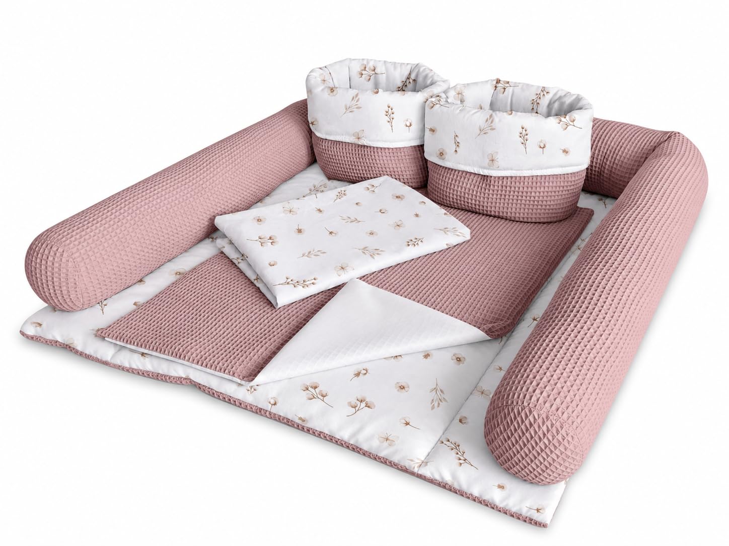 Wickelauflage Set 6-teilig – Wickelunterlage aus Baumwolle & Waffelstoff – Baby Wickelauflage – Geschenk zur Babyparty – Wickeltischauflage – 75x72 cm (Breite x Tiefe), Tauwiese + Rosa