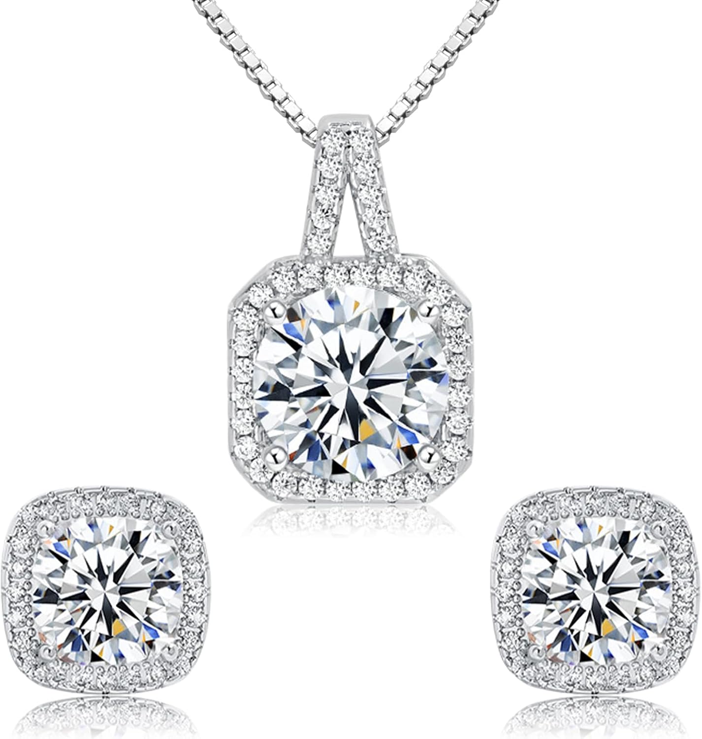 Cubic Zirconia Earrings and Necklace Set for Women 14K White Gold Plated Square Jewelry Set for Women Silver Pendant Necklace Hypoallergenic Stud Earrings Set Jewellery Gift Cubic Zirconia Earrings and Necklace Set for Women 14K White Gold Plated Square Jewelry Set for Women Silver Pendant Necklace Hypoallergenic Stud Earrings Set Jewellery Gift