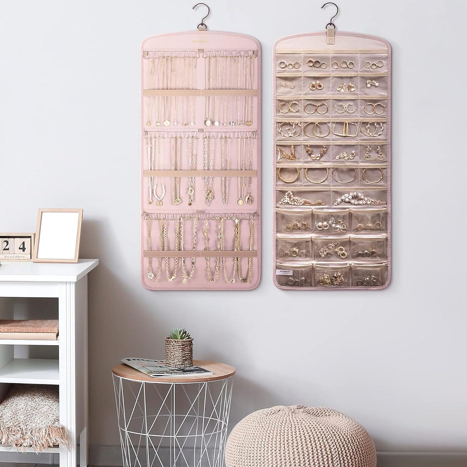 Hanging Jewelry Organizer per Armadio, Organizer per Gioielli Appeso, Organizzatore di Gioielli da Appendere, Storage Doppia Faccia per Gioielli, con 39 Scomparti e 3 Ganci a Forma di Onda, Rosa