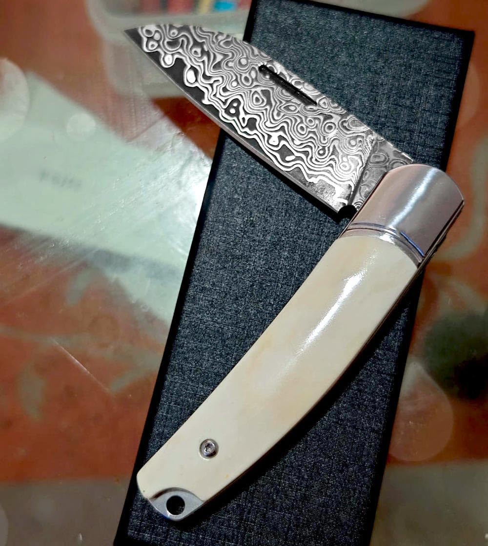 Klappmesser 6.8" Damast taschenmesser edelstahl damaststahl damaszener, klappbar edc taktisches messer scharfes tanto, Damaskus stahl messer Geschmiedet, Outdoor klein messer neck knife, Weiß Knochen