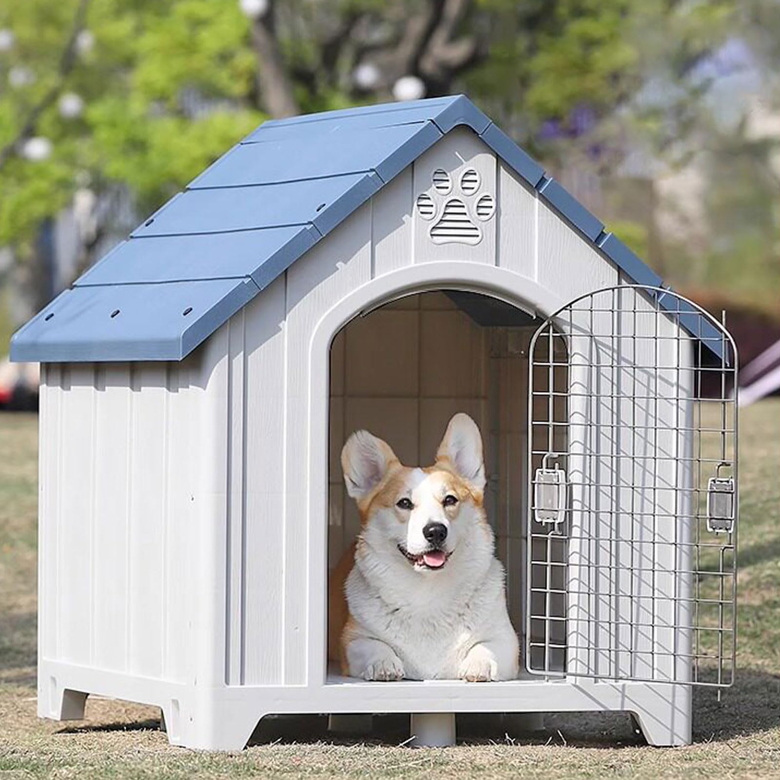 Alomejor Hundehütte für den Außenbereich, Wetterfest, Langlebig, aus Kunststoff, für Mittelgroße und Große Hunde, Drinnen und Draußen, 67 X 60 X 50 cm (Blue)