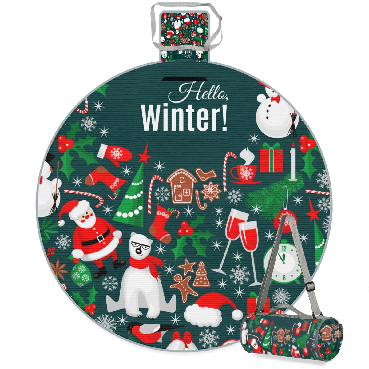 Shimoshe Hello Winter Christmas Snowflake Leaves Picnic Outdoor Blanket Foldable Waterproof Sandproof Beach Blanket Portable Water-Resistant Round Picnic Mat for Travel Camping Park Lawn