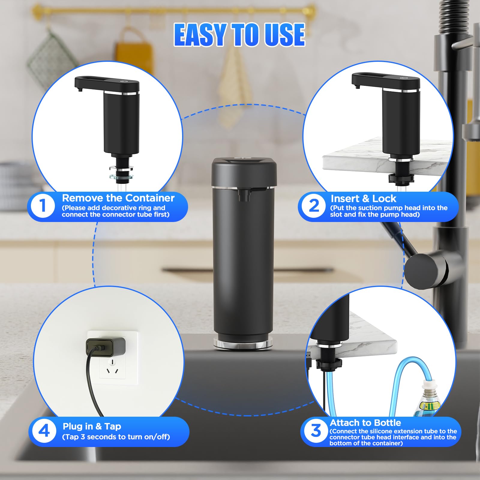 Dispensador de jabón para platos para fregadero de cocina, dispensador integrado sin tacto, sistema de dispensación de líquidos con kit de tubo de extensión sin derrames de 35 pulgadas, diseño para