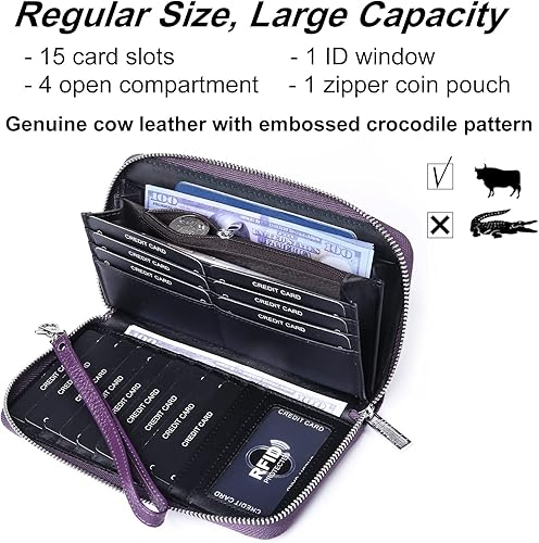 Miniatura 2 de Billeteras de gran capacidad para mujer, con bloqueo RFID, de piel auténtica, con cremallera, tarjetero con correa para la muñeca