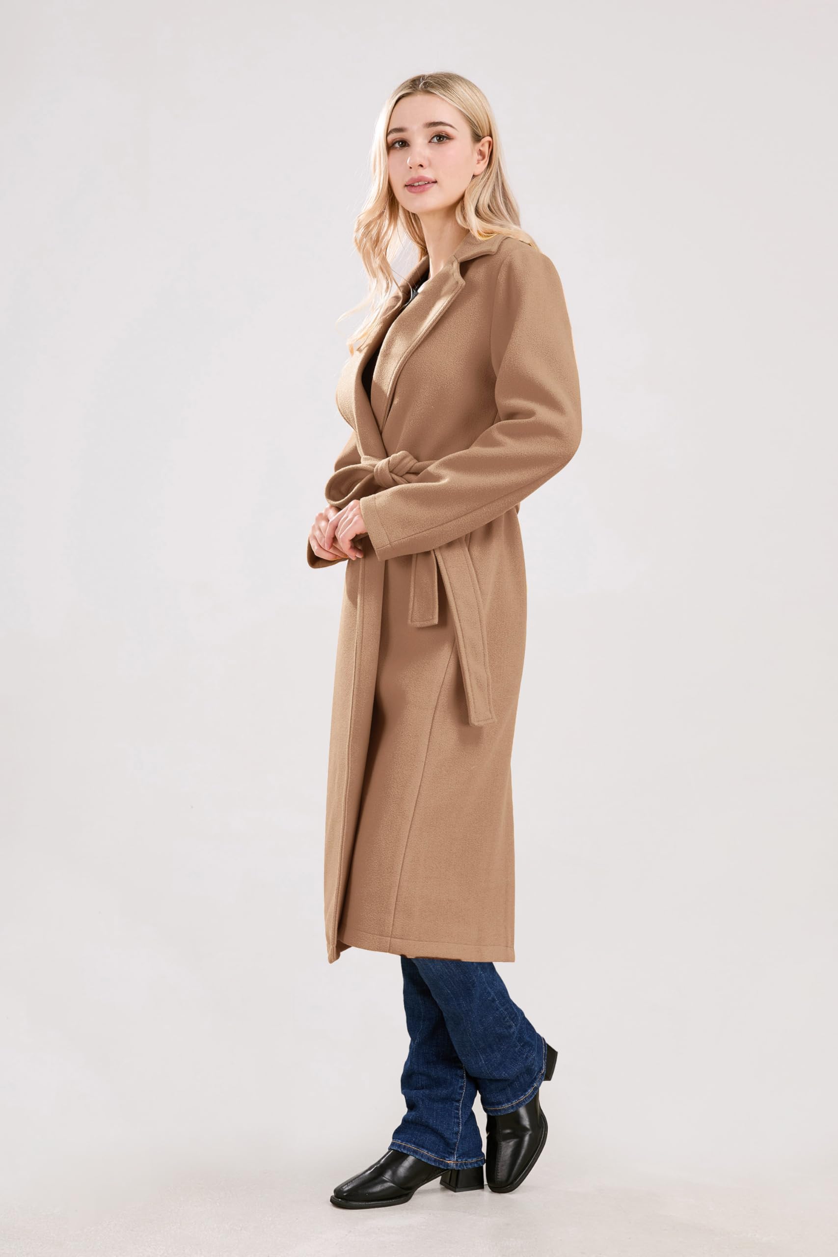 utcoco Cappotto lungo da donna in lana con colletto dentellato aperto sul davanti in misto lana trench con cintura