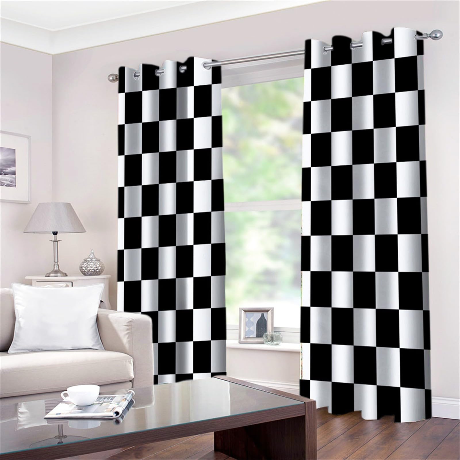 Rideaux Occultants Chambre Rayures Damier Noir, Rideaux à Œillets pour Salon et Chambre d'enfant Style Géométrique - Décoration de Fenêtre 183L X 214H cm Panneaux Isolants Thermiques et Phoniques