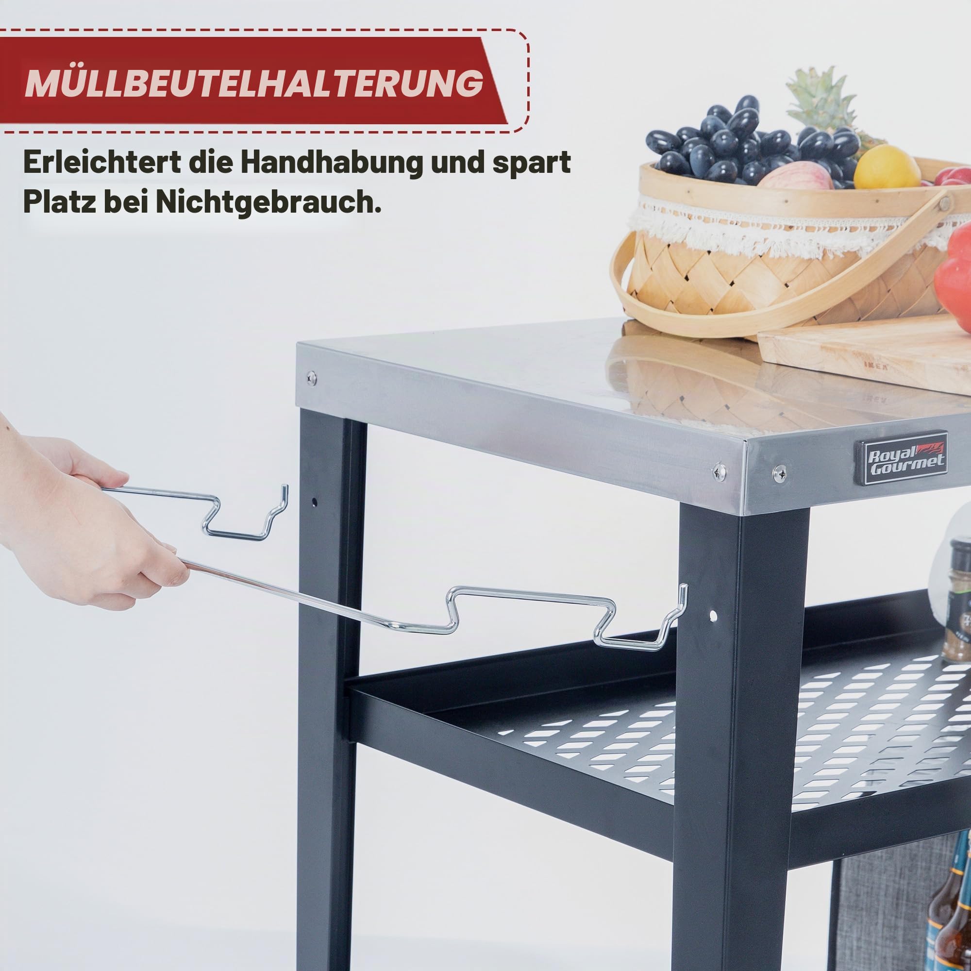 Royal Gourmet PC3404S Rollbarer Esstisch mit Müllbeutelhalter, für den Außenbereich, Garten, Terrasse, Grill, Küche, Lebensmittelzubereitungswagen, 76,2 cm L x 48,3 cm B, Edelstahl-Tischplatte, Silber