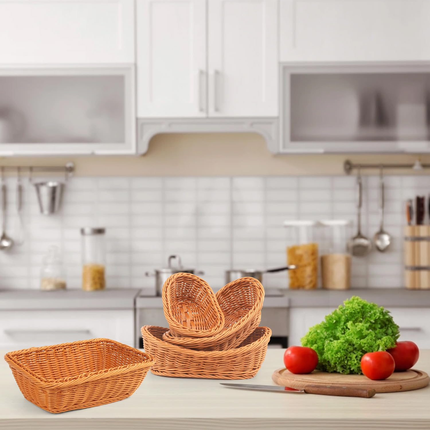 Cesta de mimbre para servir y almacenar aperitivos, 4 cestas tejidas ovaladas y rectangulares, cesta de almacenamiento de alimentos, cesta de almacenamiento de aperitivos, cesta de pan rústica vintage