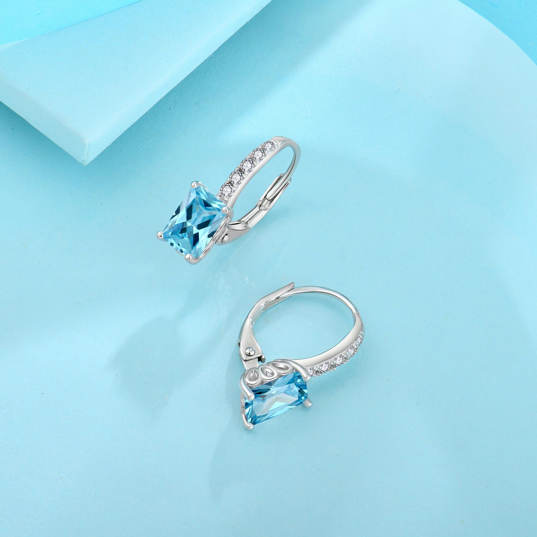 FJ Pendientes Colgantes de Corte Princesa Cuadrados Plata de Ley 925 Pendientes Palanca Circonita Cúbica Solitario con Piedra de Nacimiento Joyas para Mujer