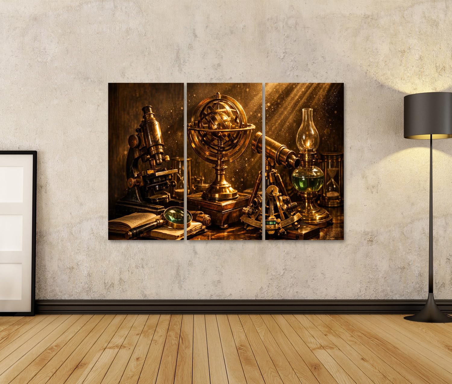 islandburner Tableau sur toile Motif nature morte antique avec instruments scientifiques et globes – 3 pièces