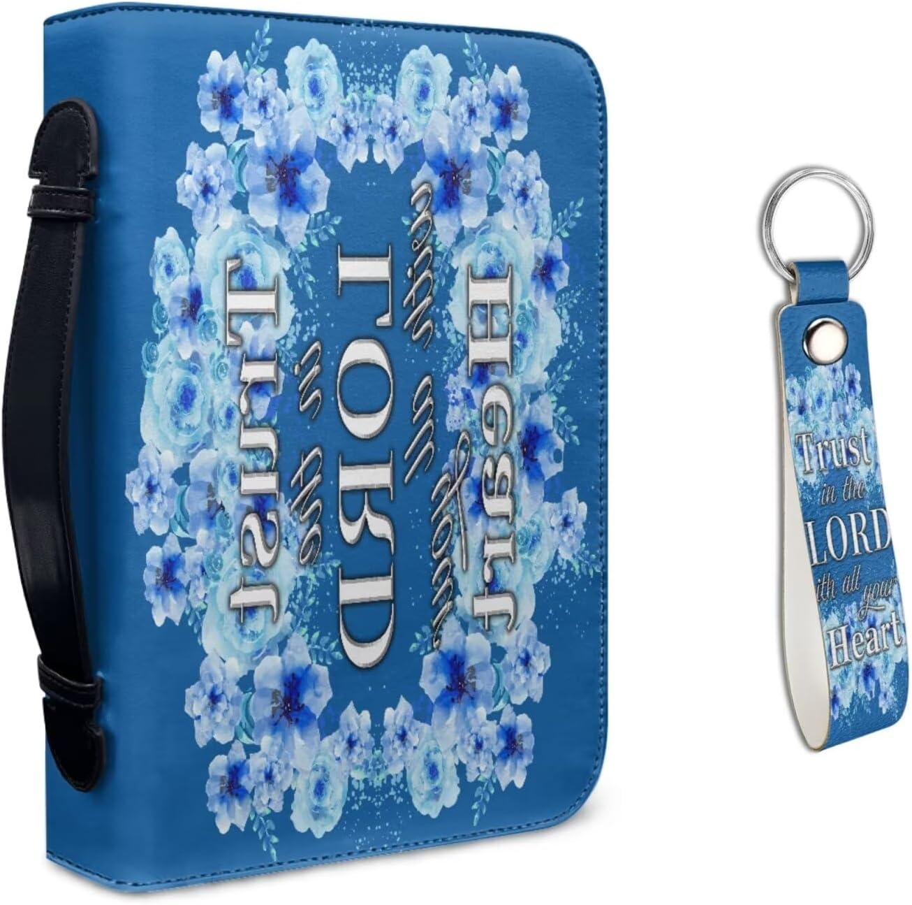 Kuiaobaty Blue Flower Print Leather Bible Covers with Keychain Bible Holder for Women Men Bible Case Storage Organizer with Handle Bible Bag Journal Case Bible Carrying Carrier 2XL