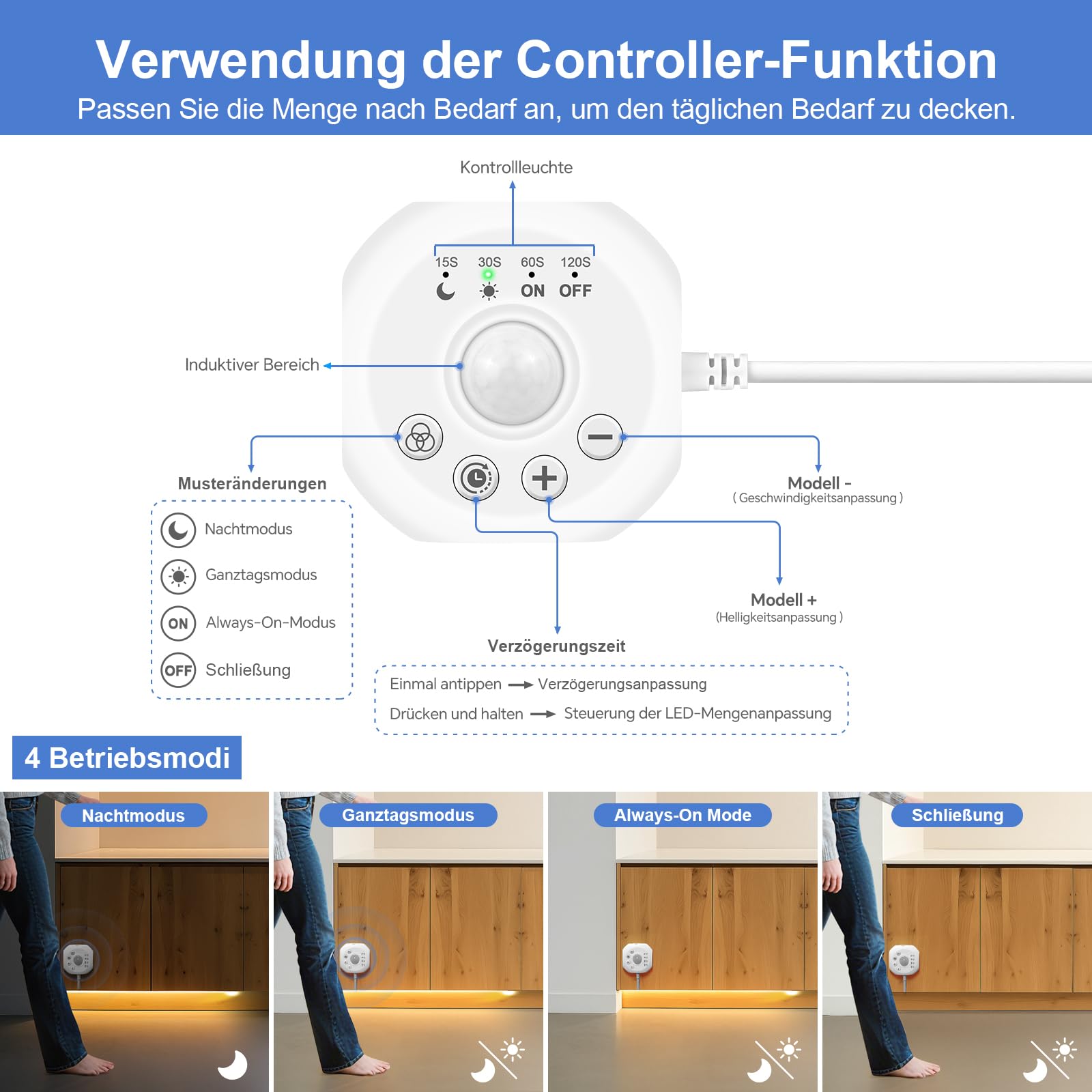 AIMENGTE COB LED Streifen, 5 m Warmweiß LED Treppenbeleuchtung mit Bewegungsmelder, Ausgestattet mit Zwei Beleuchtungsmodi, für Unterschränke, Küche, Treppen, Schlafzimmer