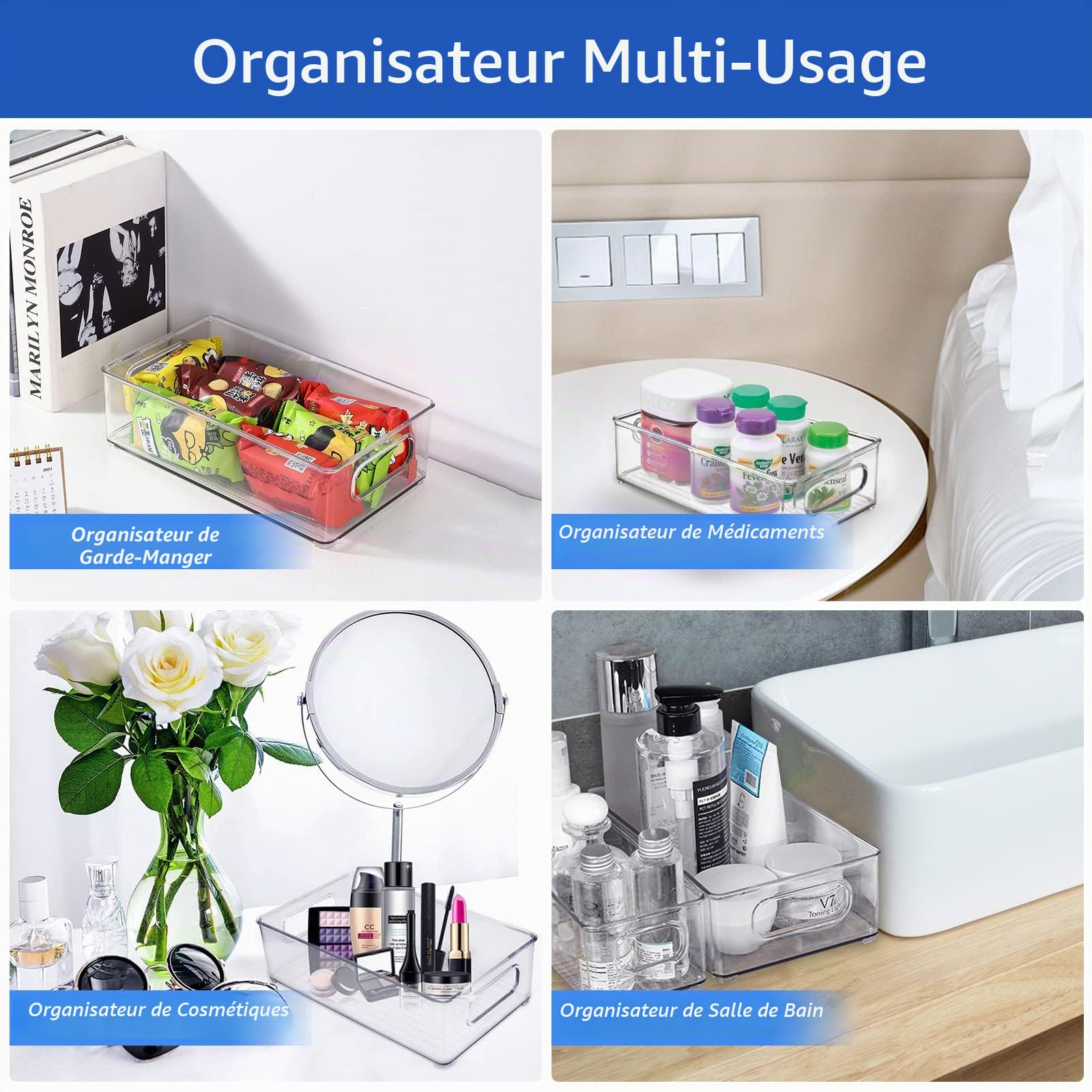 Boite de Rangement Frigo Transparent, Empilable Organisateur Frigo pour le Réfrigérateur, la Cuisine, le Garde-manger, les Armoires et les Comptoirs