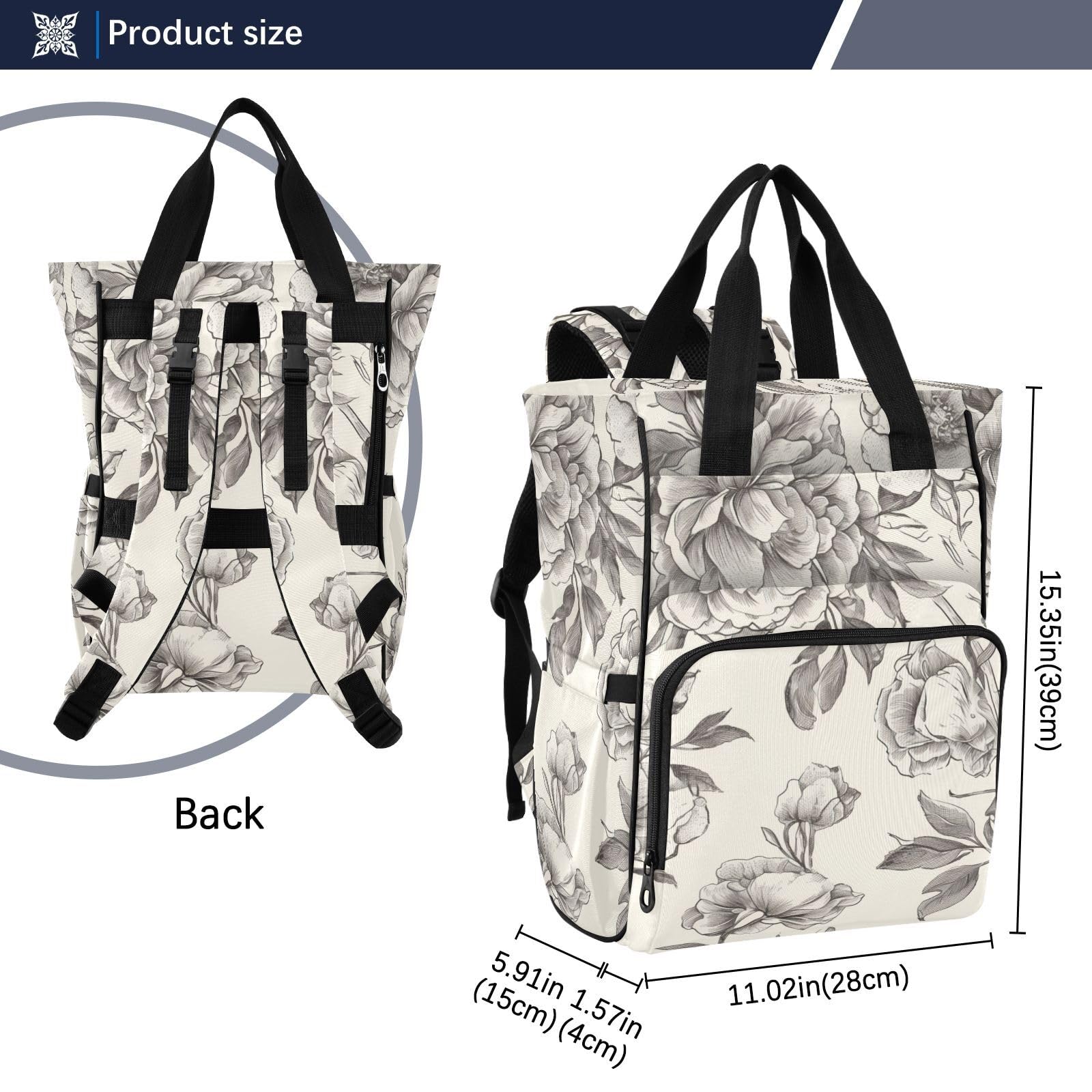 Baby Essentials torba na pieluchy wiktoriańska ręka szkic kwiaty