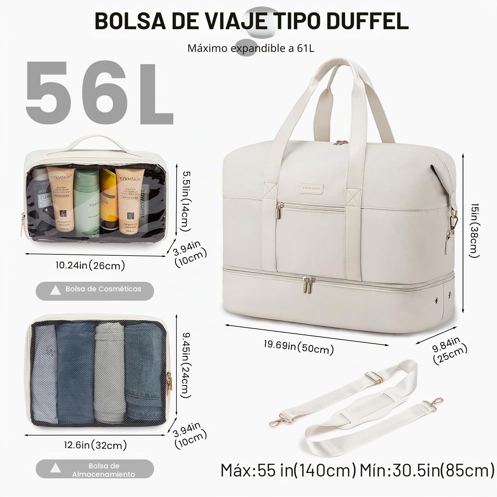 LOVEVOOK Bolsa De Viaje Mujer, Bolso Viaje, Bolsa Maternidad Hospital | Grande Bolsa Deporte Bolsa Gimnasio Mujer, Bolsos De Viaje Fin De Semana 50x38x25, Beige