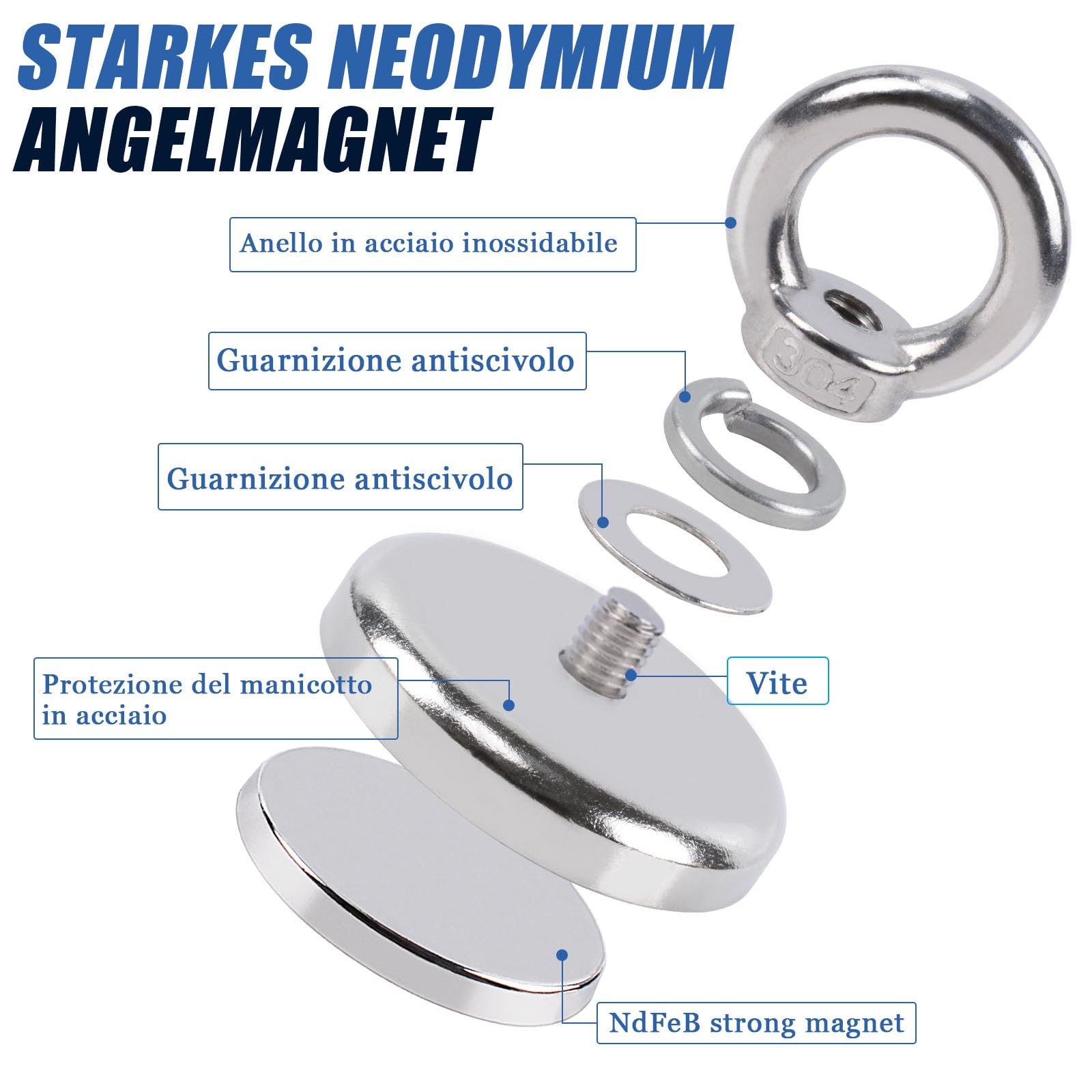 Magneti al Neodimio Extra Forti 42 mm 60kg Forza Magnete Da Pesca con Foro 2 Pezzi