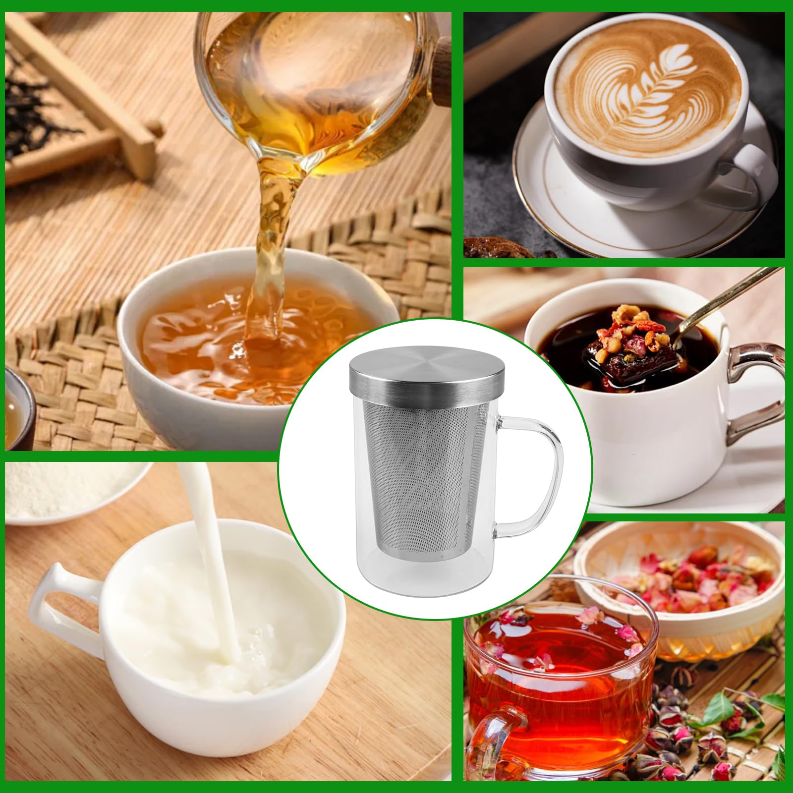 2 Vasos de Té con Tapa y Colador de Cristal, 500 ml, Resistente al Calor con Mango, Para Preparar Té y Té Perfumado