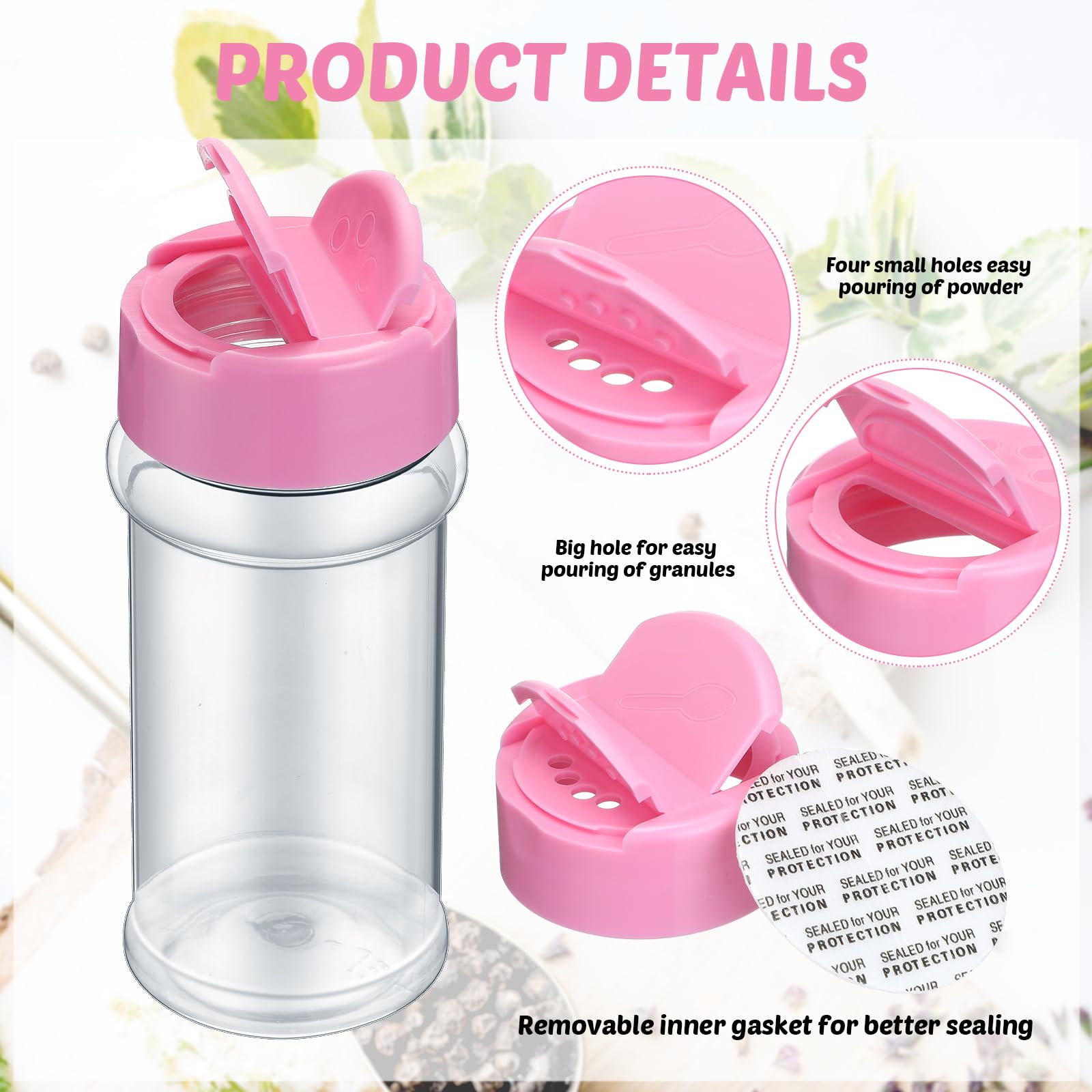 Eccliy 36 Gewürzgläser Aus Kunststoff – Transparent, Mit Etiketten & Streudeckel, Rosa