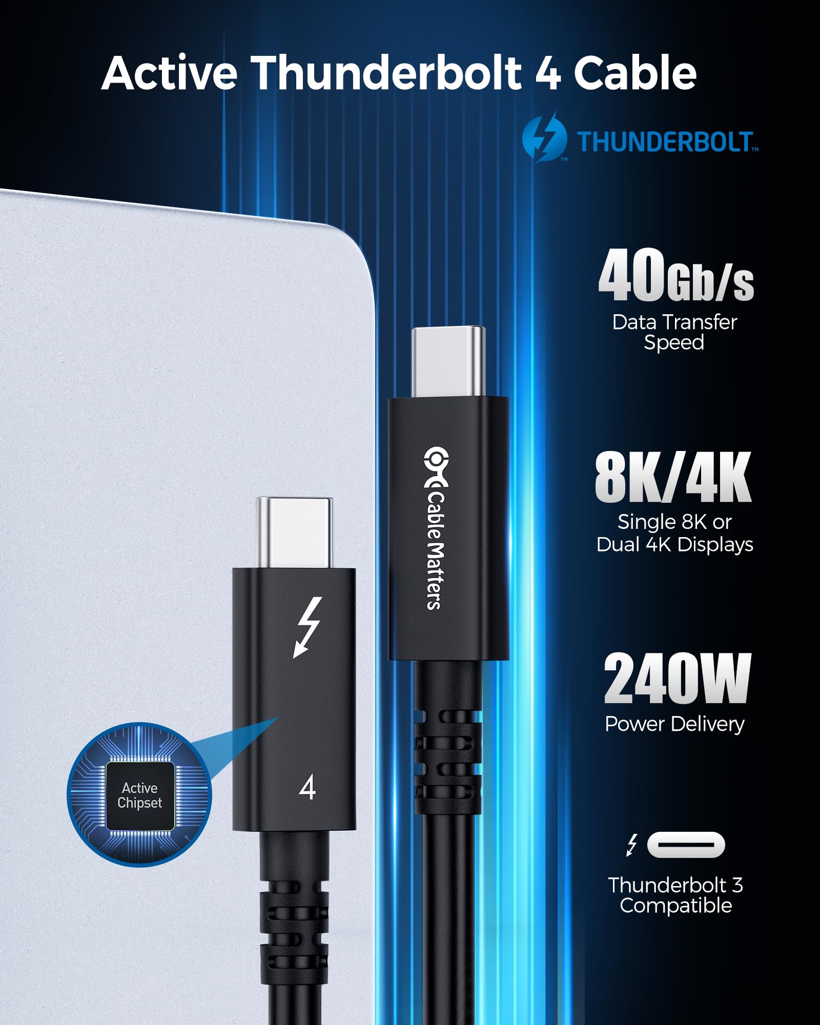 Cable Matters Cable Thunderbolt 4 activo de 40 Gbps [certificado por Intel] 2 m con carga de 240 W y vídeo 8K - Totalmente compatible con USB C/USB-C, USB 4 / USB4 y Thunderbolt 3