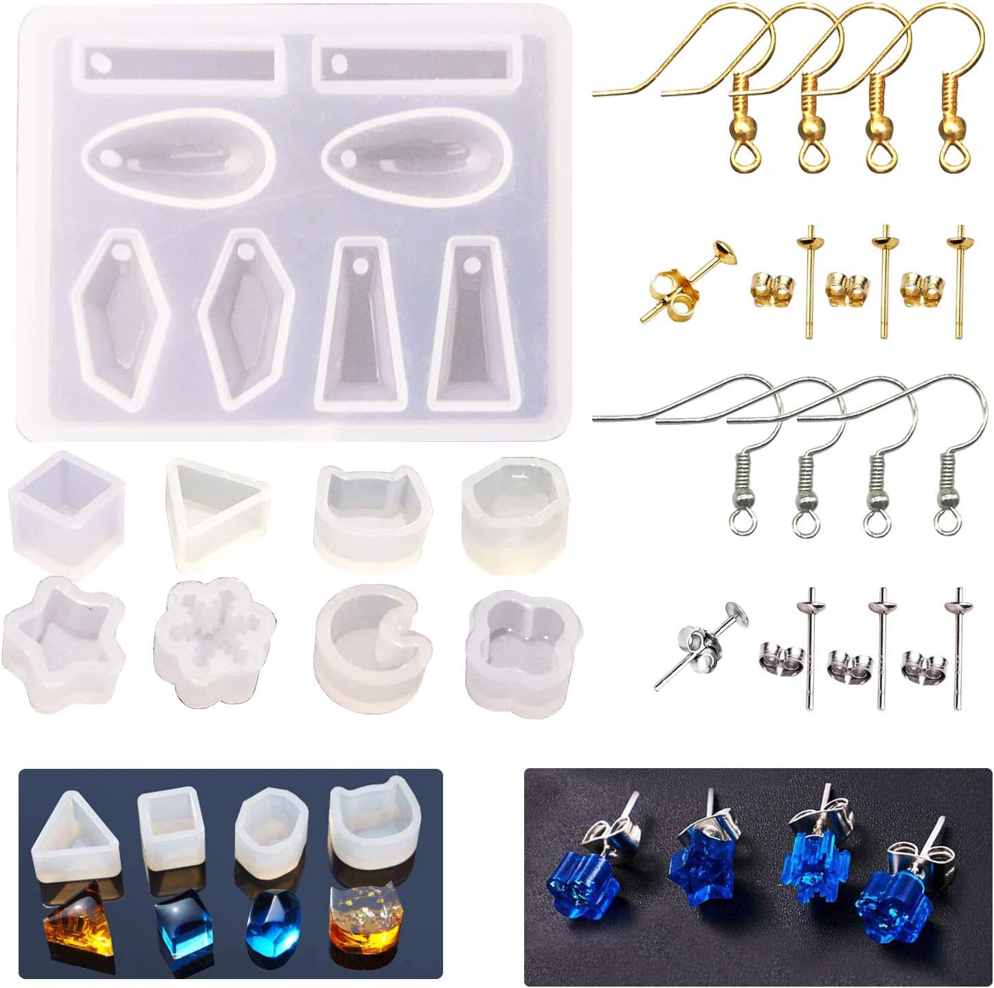 Woohome 36 PCS Stud Earring Mold Tool Included 9 PCS Silicone Resin Mould, 20 PCS Stud Earring and 8 PCS Ear Hook, Jewelry Casting Moulds Clear Tiny Ear for DIY Jewelry Craft Making