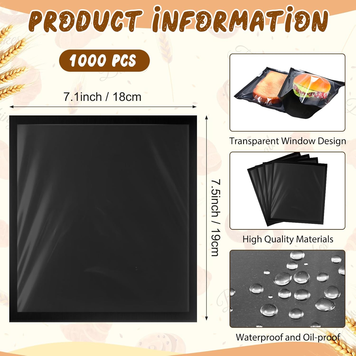 Yeaqee 1000 Pcs Bakery Bags 7.1 x 7.5 Inches Heat Sealable Donut Bag with Window Paper Sandwich Bag Grease Resistant Cookie Packaging Kraft Sleeves for Pastries Snacks Egg Biscuits Treat (Black)
