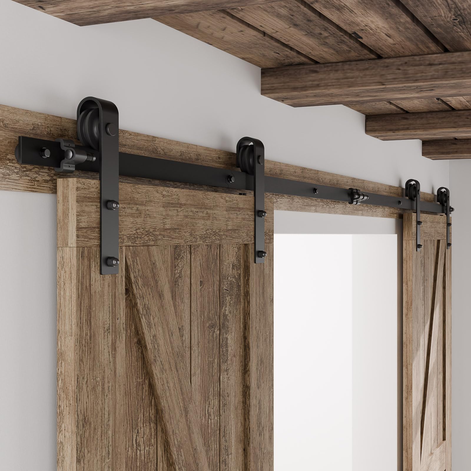 Binario per Porta Scorrevole Doppia 366cm Kit Porta Scorrevole Nera per 2 Porte Scorrevoli Interno Esterno Muro 91cm Larga, Piccola Ruota J-forma