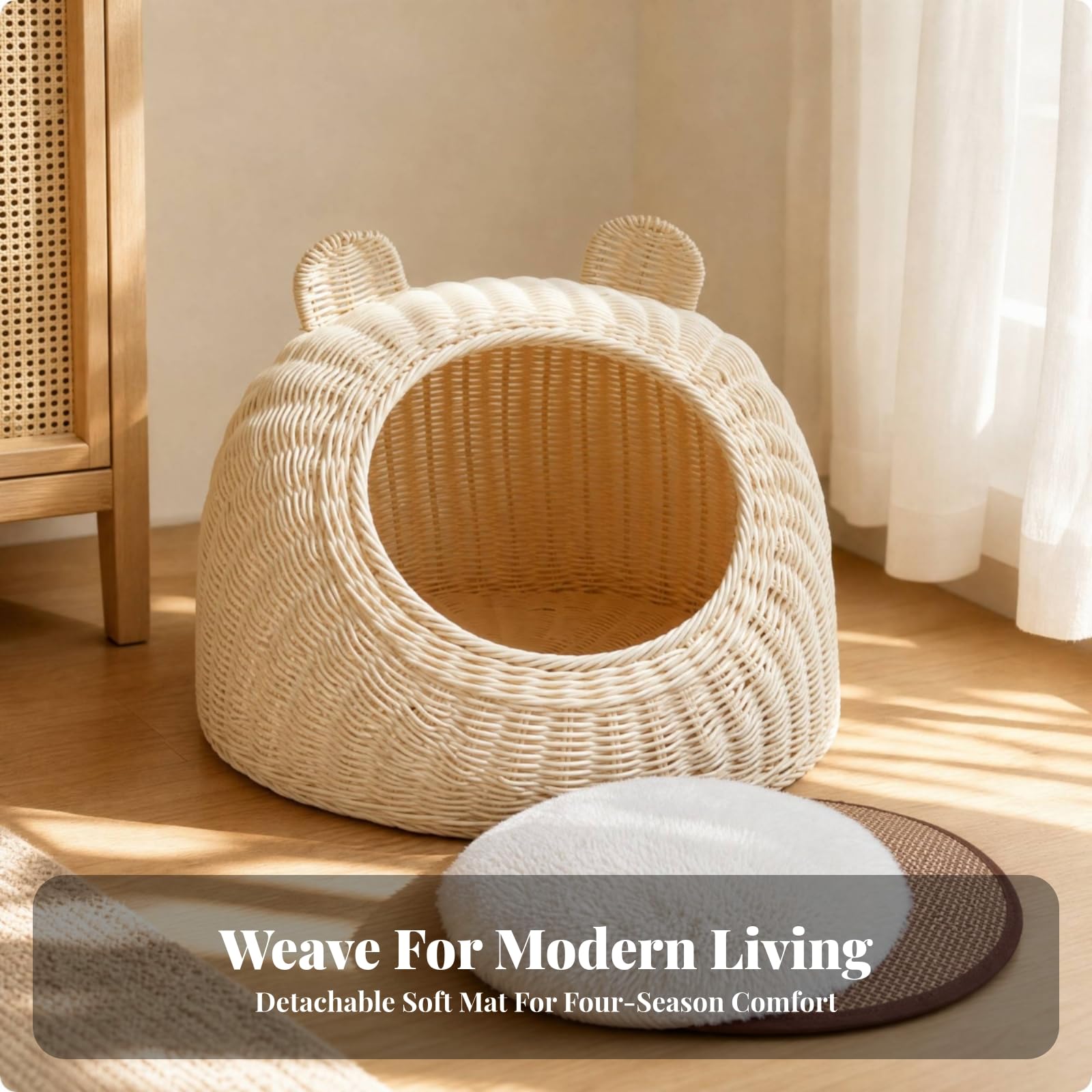 Handgeflochtenes Tierbett mit Ohren-Details Natürlich Rundes Haustierbett mit Kissen Gemütlich Katzenkorb Kissen für Katzenbesitzer, M