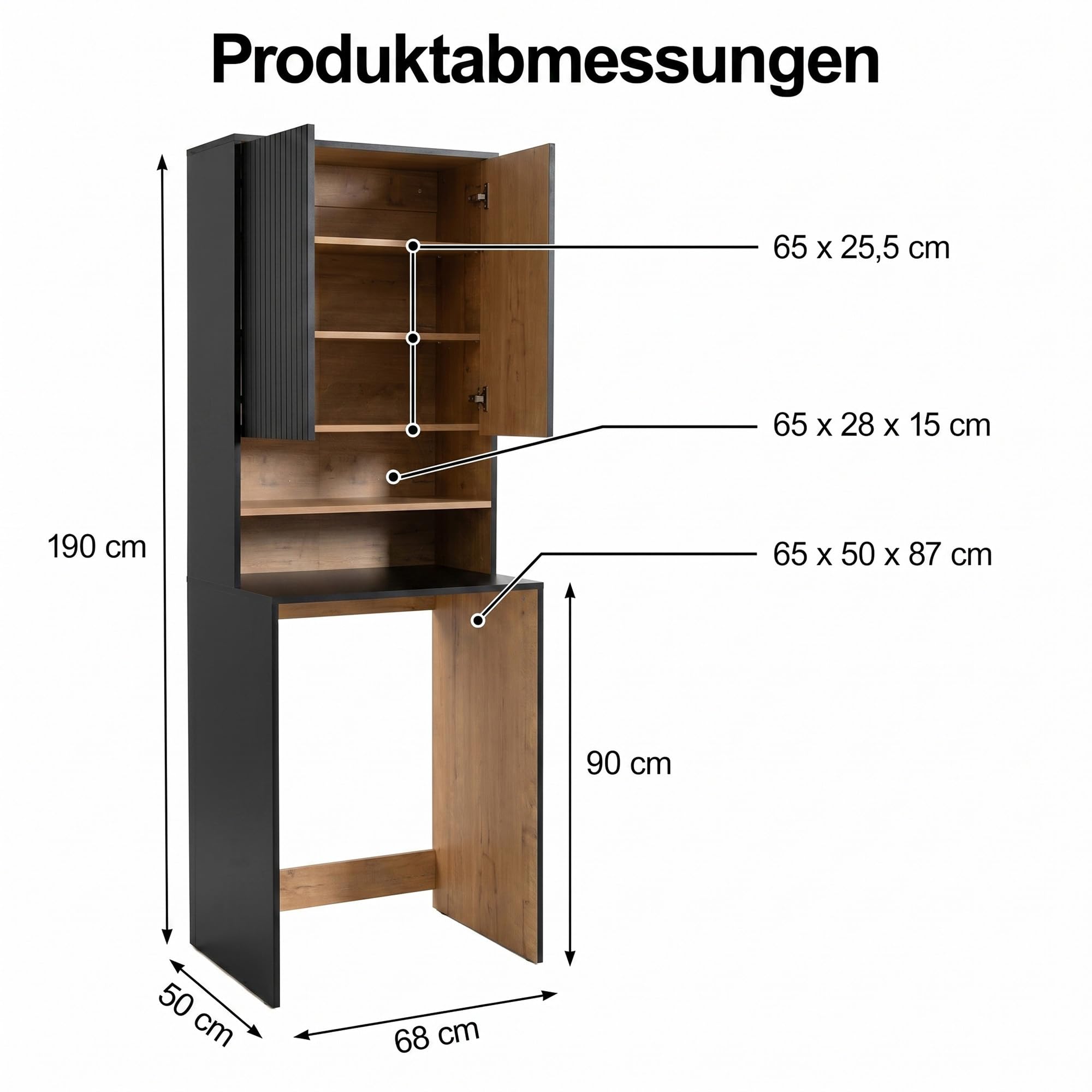 UEV Waschmaschinenschrank mit offen Ablagen & Verstellbare Ablagen Schwarz