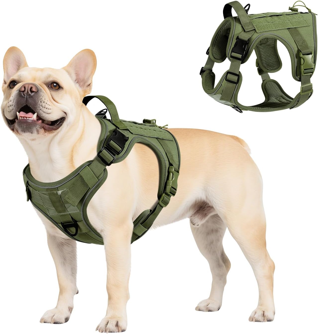 Heavy Duty Tactical Dog Harness for Small Dogs, No Pull Adjustable Pet Harness Reflective Service Training Easy Control Pet Vest Military K9 Working Dog Harnesses, Army Green, S