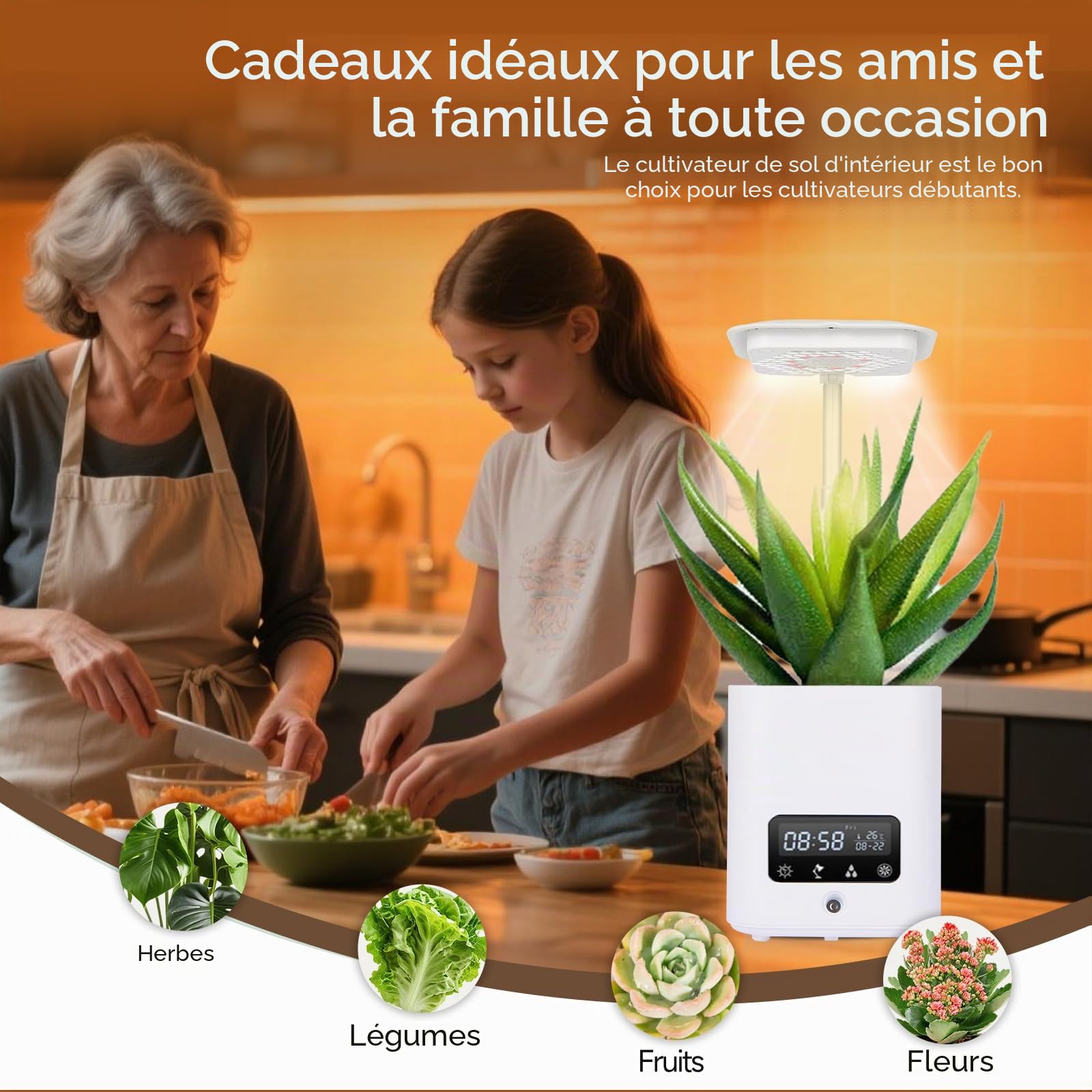 Pot de fleurs intelligent multifonctionnel, pot de fleurs pour plantes d'intérieur en hydroponie avec enceinte Bluetooth, lumière LED de croissance réglable pour plantes, humidificateur, purification