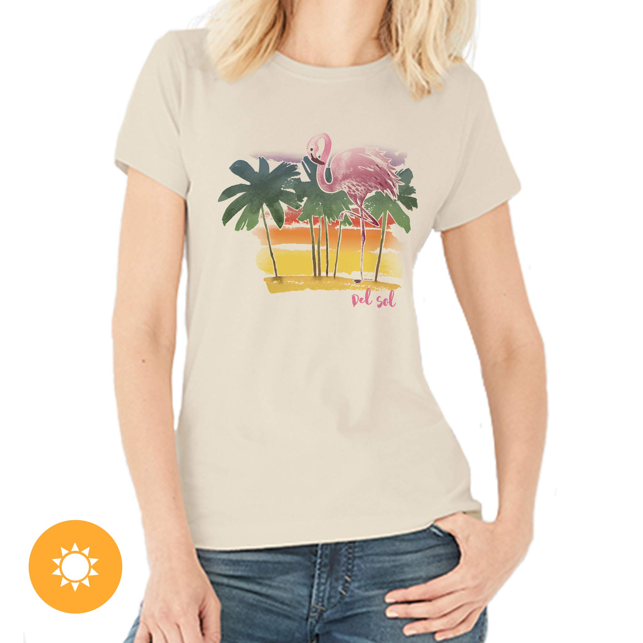 Del Sol Damska koszulka chłopięca - akwarela flaming, naturalny T-shirt - zmienia się z różowego i czarnego na żywe kolory na słońcu - 100% czesana, bawełna ring-spun, cienka koszulka - rozmiar S