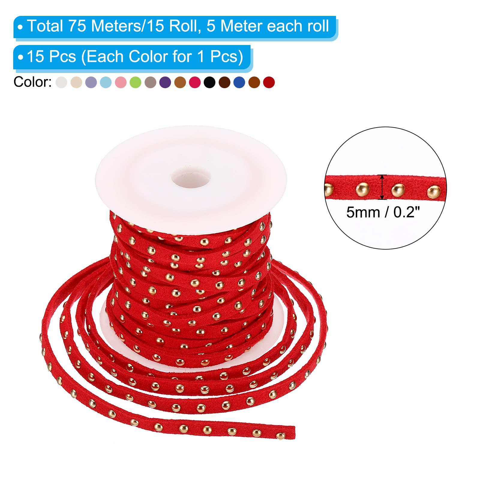 PATIKIL 82 Yards 15 Color Studded Faux Suede Cord Rope for Jewelry Making 15Pcs Each 5 Meter 5mm Micro Fibre Flat Leather Lace Beading String Ribbon with Golden Rivets - Image 2