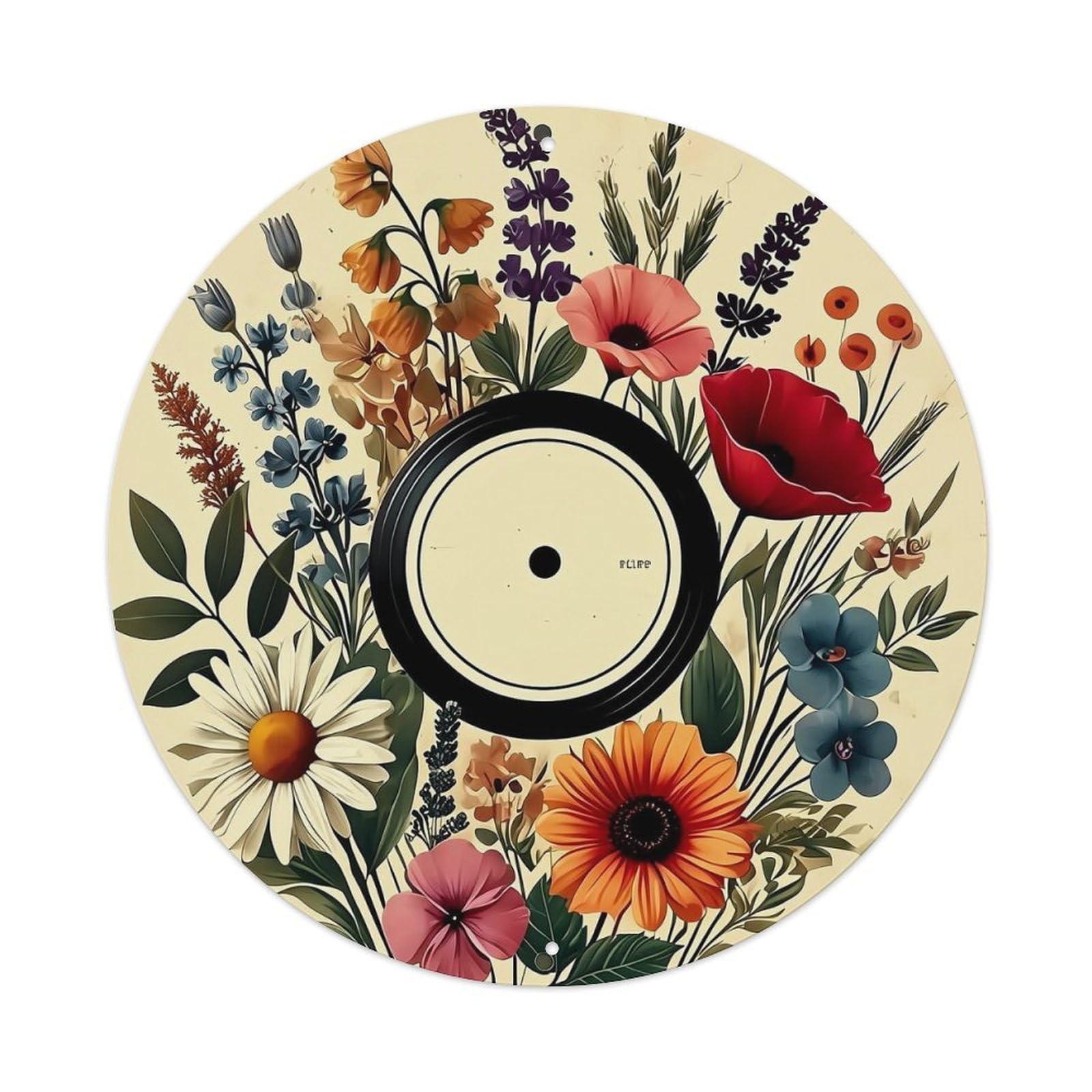 Floral Vinyl Record Art Design_4 Round Metal Tin Sign Vintage Wall Decor, Bar Garage Cafe Kitchen Home Wall Art Poster 8x8inches