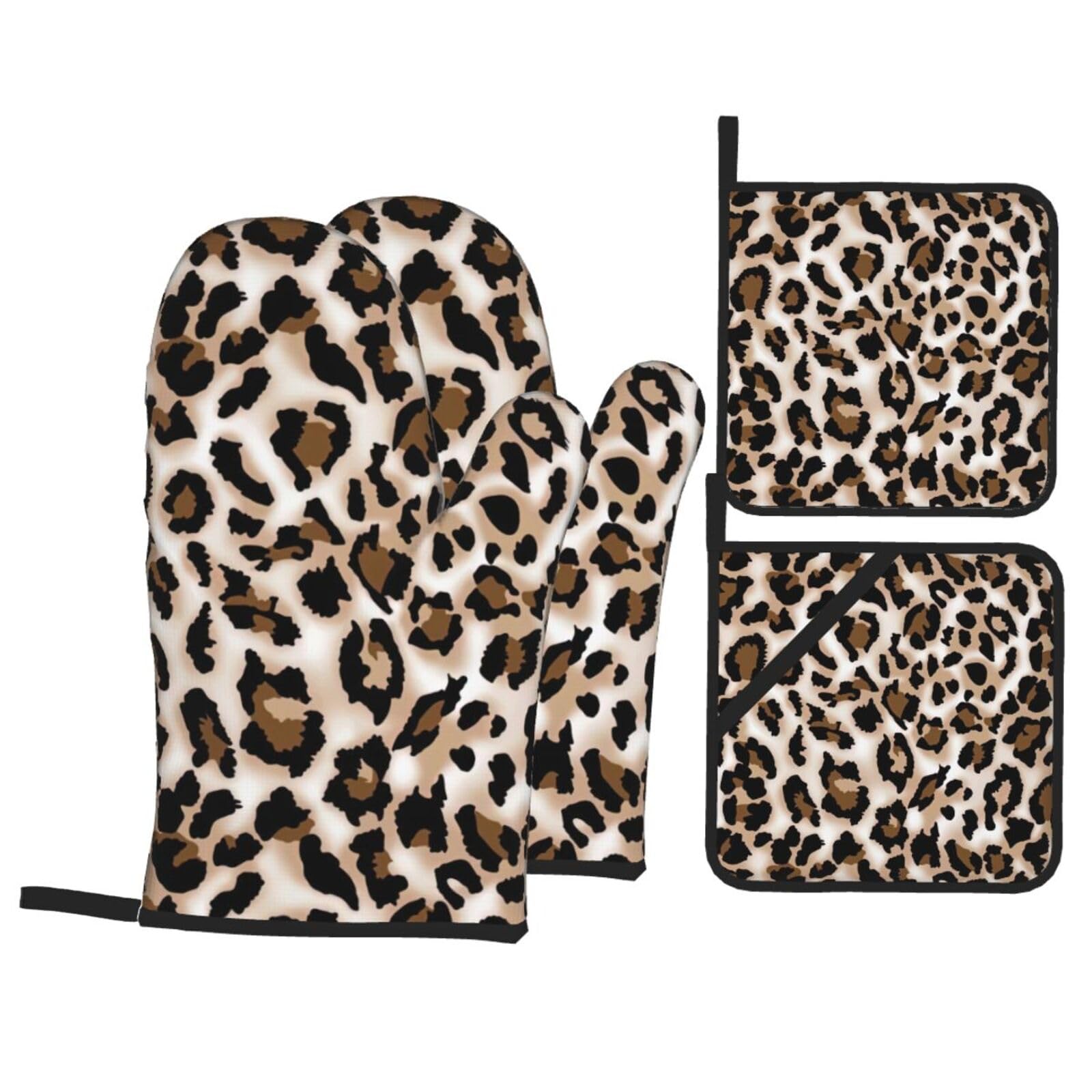 Leopard Print Print 4-Piece Heat-Resistant Oven Waterproof Kitchen Gloves Cooking Roasting Essential
