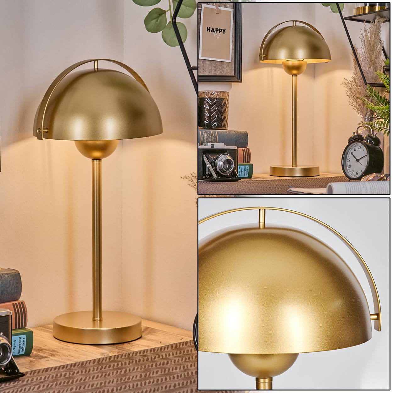 hofstein Guttsta Lámpara de mesa de metal dorado moderna retro vintage (20 cm de diámetro), altura 43 cm, interruptor en el cable, E14, salón, dormitorio, comedor, oficina