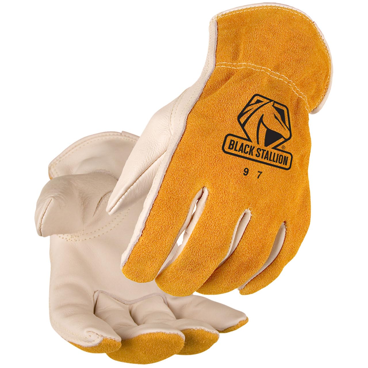 Black Stallion (97 Versatile Drivers Glove, Premium Grain Cowhide Palm, Split Cowhide Back, Ergonomic Keystone Thumb, Elastic Wrist Band, Small, Tan/Gold