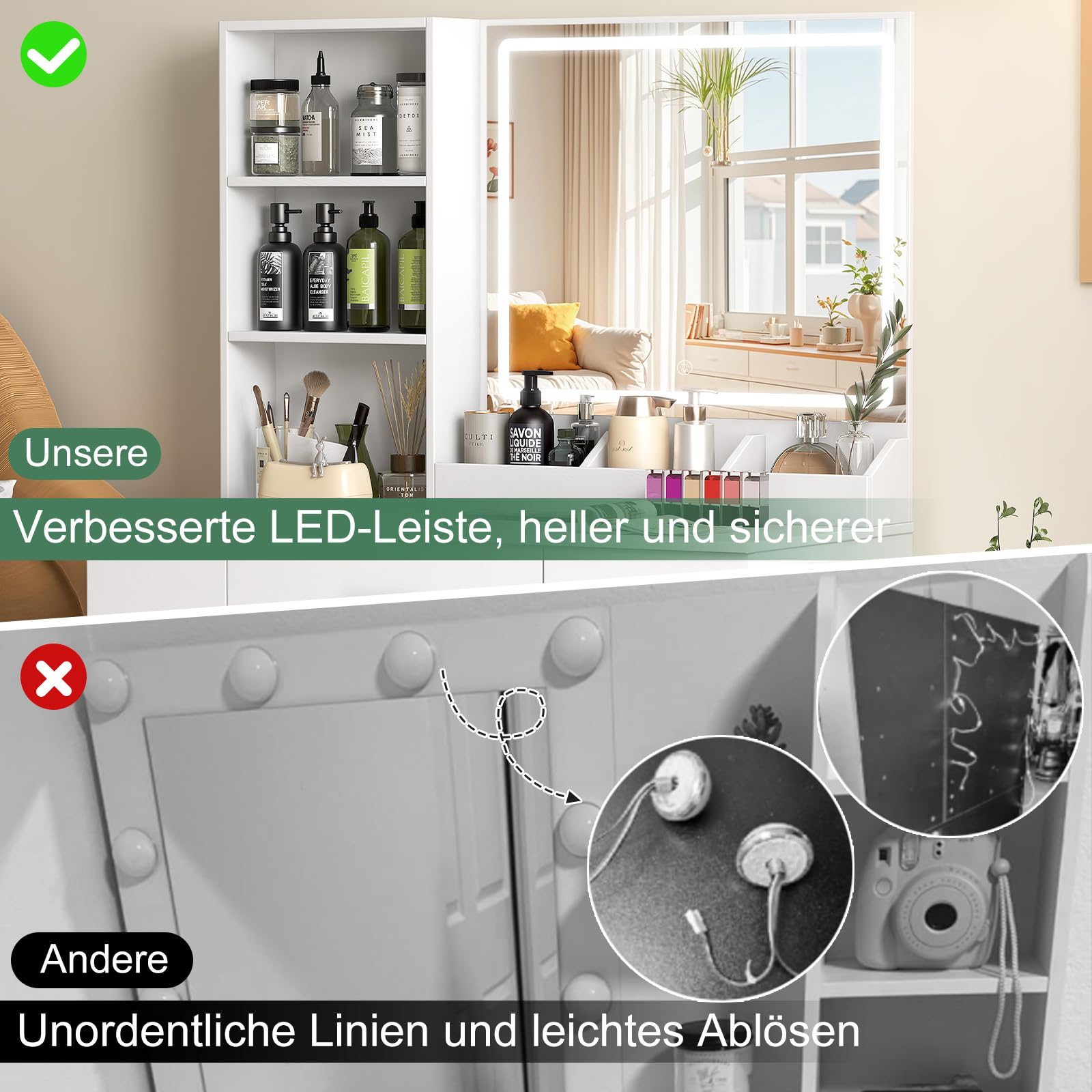Schminktisch mit Spiegel und Beleuchtung 90 cm Breit, 2-stufiger Seitenschrank, Frisiertisch mit LED Spiegel, 4 Rechte Schubladen, 3 Farben mit Einstellbarer Helligkeit Weiß, Silbergriffe