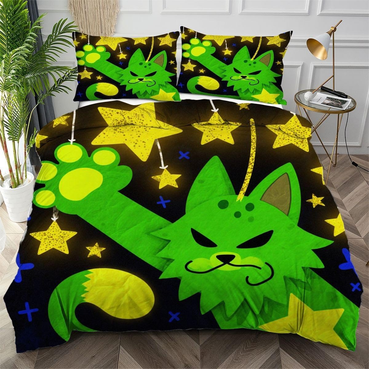 Housse de couette 140x200 chat vert en microfibres avec 2 taies d'oreiller