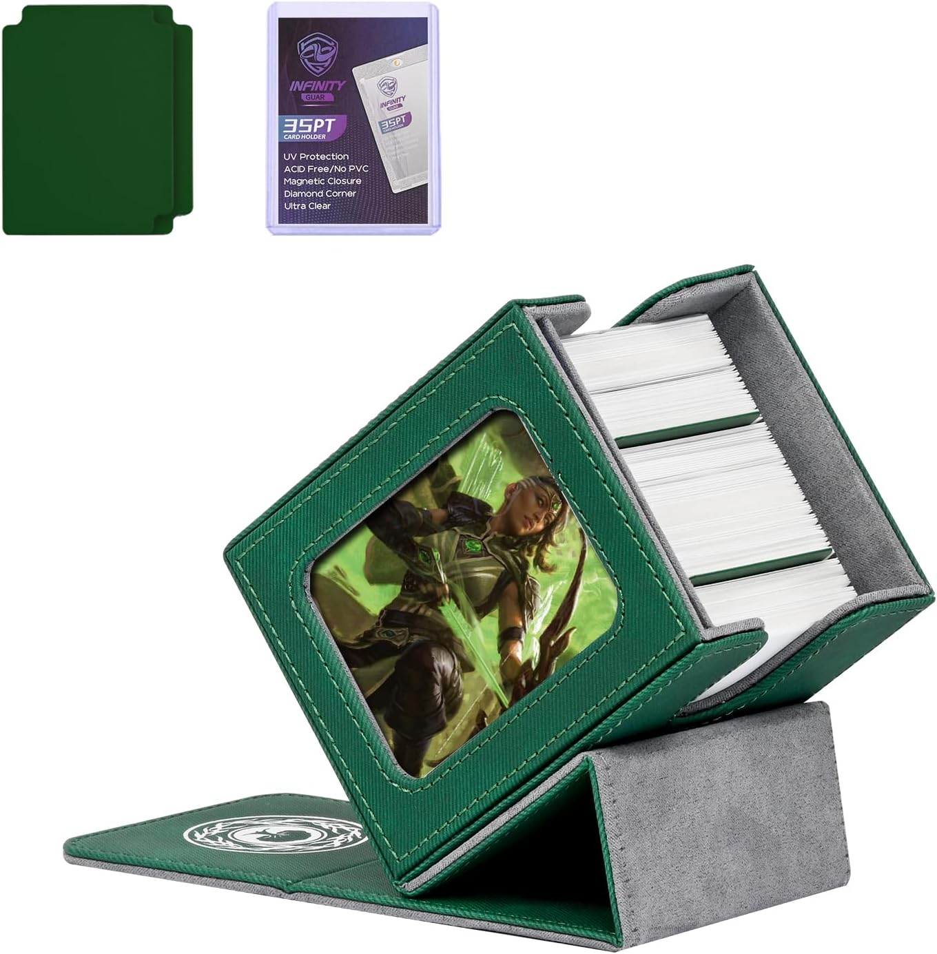 Mtg Deck Box for MTG with Commander Display for 100+ Double Sleeved Cards, Magnetic Card Storage Box Fits for TCG Sports Trading Cards (Green&Grey)