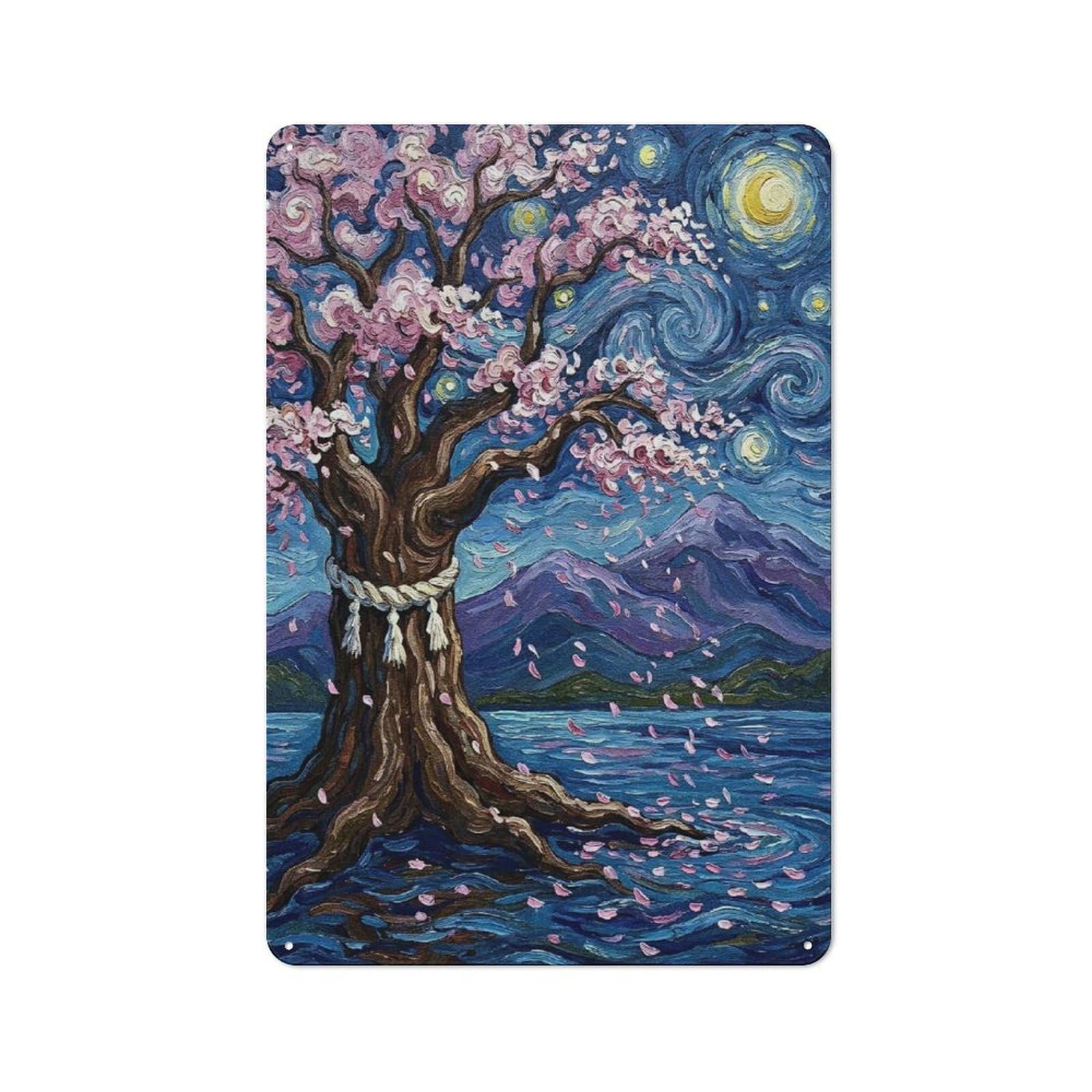 Junmoney Style-1 Metal Wall Sign 30X20cm Featuring Cherry Blossom Tree By The Water For Bar Or Restaurant, Gift For Bar Decor Enthusiasts During The Christmas Season