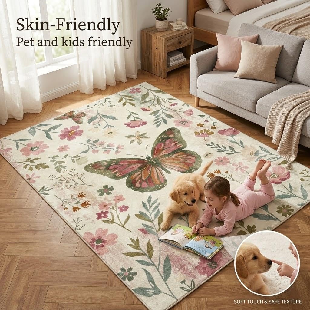 5X7 Area Rugs for Living Room, Machine Washable Non Slip Butterfly Floral Spring Rugs, Low Pile Lightweight Pink Rug for Kids Room,Bedroom, Dining Room