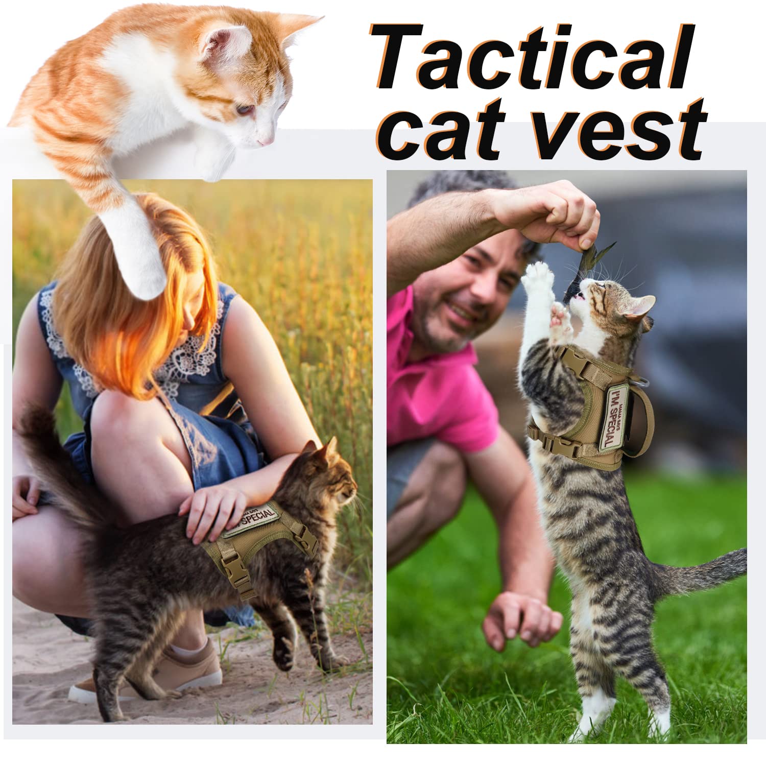 Tactical Cat Harness for Walking Escape Proof Soft Mesh Adjustable Pet Vest Harness for Large Cat,Small Dog (Medium, Khaki) - Image 4
