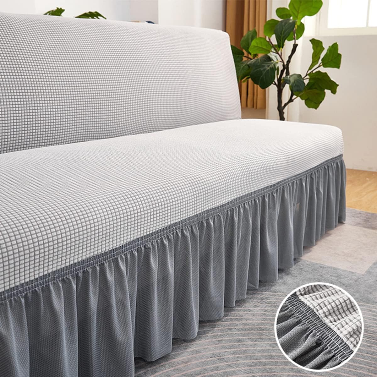 Armless Sofa Cover with Skirt Ruffled Stretch Futon Covers Full Size Soft Highly Elastic Sofa Bed Slipcover for Living Room, Bedroom White 150-190cm