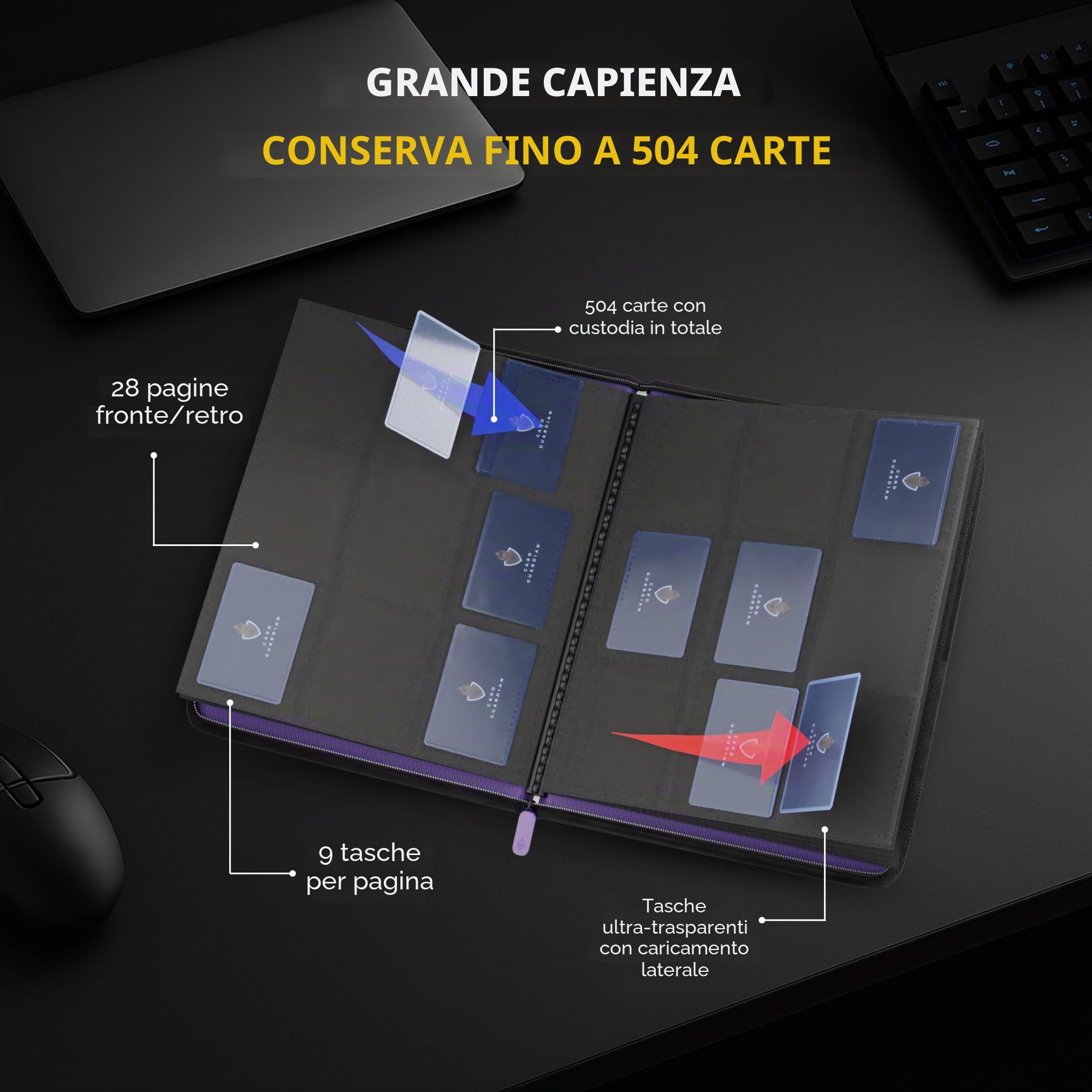 Card Guardian - Raccoglitore premium con 9 tasche con cerniera per 504 carte - tasche laterali per giochi di carte collezionabili TCG (viola)