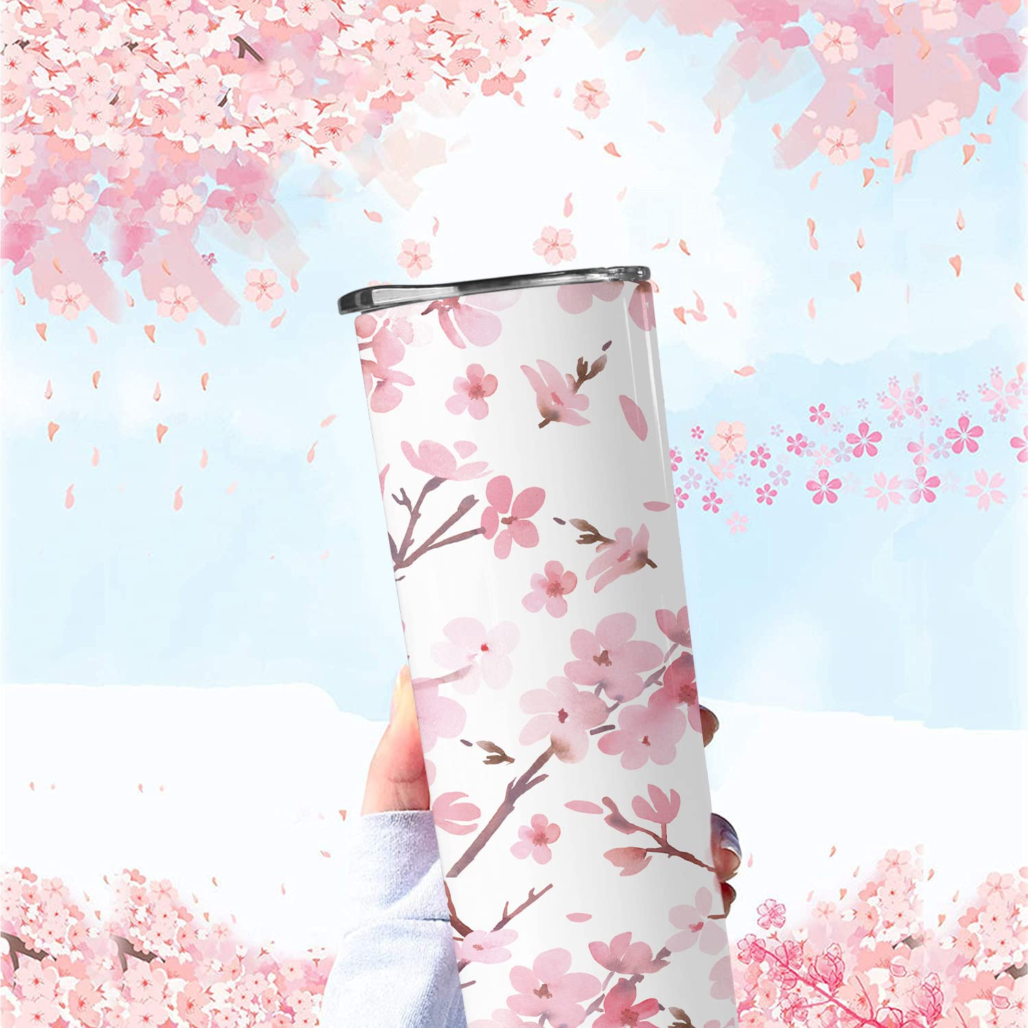 Vaso flaco floral con pajita y tapa, 20 onzas, doble pared, acero inoxidable, aislado al vacío, café, vino, té, regalo para mujeres, color rosa
