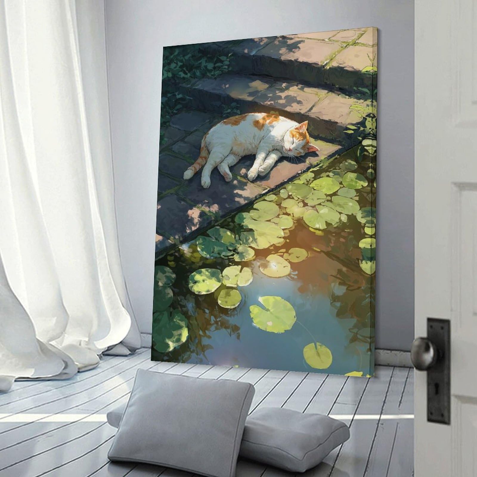 Junmoney Cat Nap by The Lily Pond Canvas Wall Decor, 08x12inch(20x30cm), for Office, Study Or Home Workspace, Wall Art That Adds Style to Work Areas