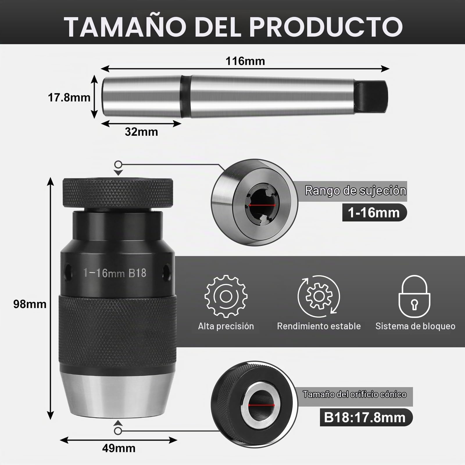 EFUTURETIME Portabrocas MT2, B18, 1-16mm, con Mandril Cónico MT2, Portabrocas sin Llave MK2 para Torno Taladradora Taladradora de Banco Taladros de Columna