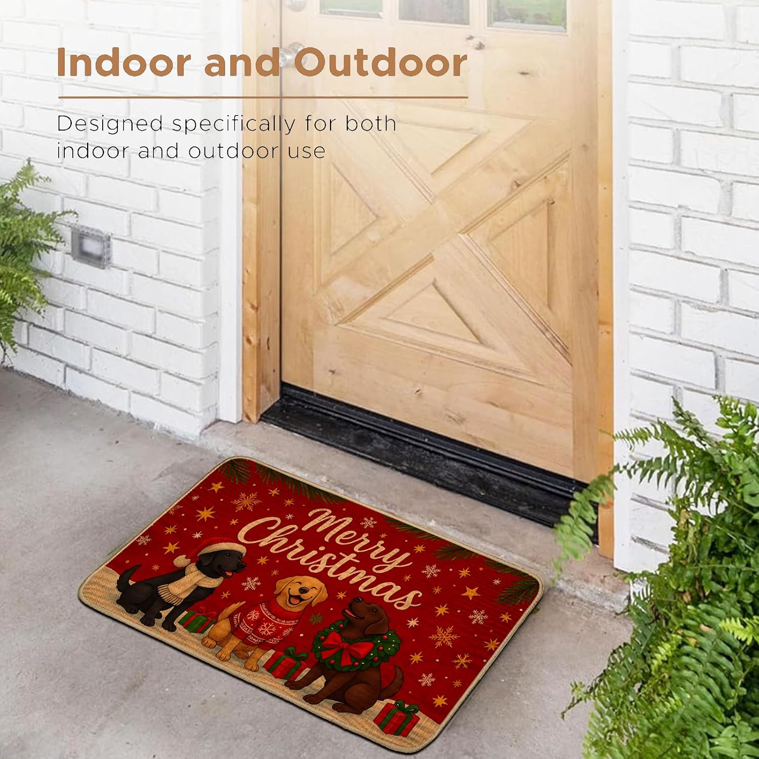 Christmas Dog Doormat for Front Door Outdoor Indoor, Non-Slip Welcome Mat with Holiday Labrador Retriever Santa Hat, Entry Rug for Porch, Home, Office, Living Room, Bathroom Decor 29.5x17 Inch