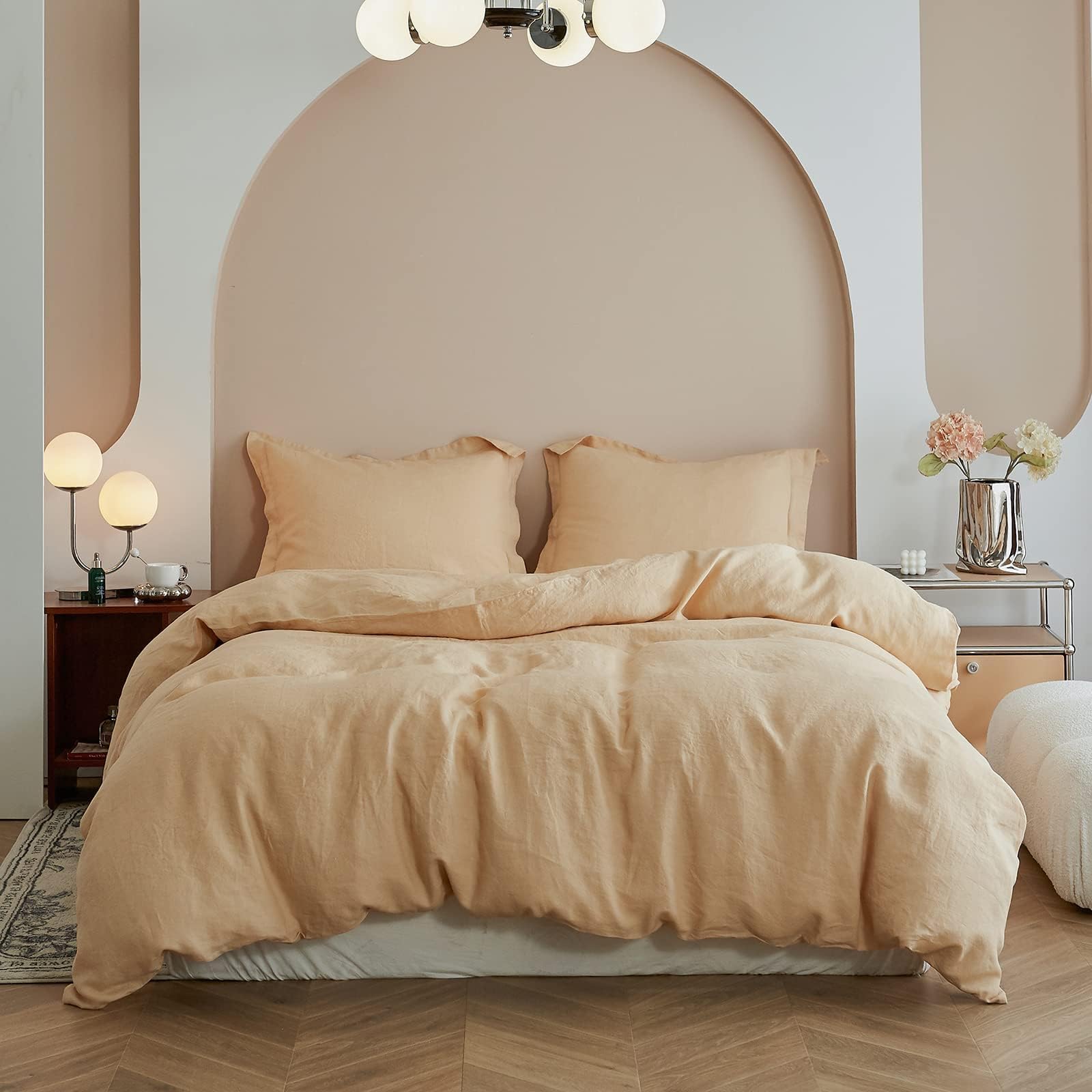 Simple&Opulence 100% Linen Duvet Cover Set, 3 PCS Natural French Flax Sand Duvet Cover Queen Size, Breathable Soft Comfy Linen Bedding Comforter Cover