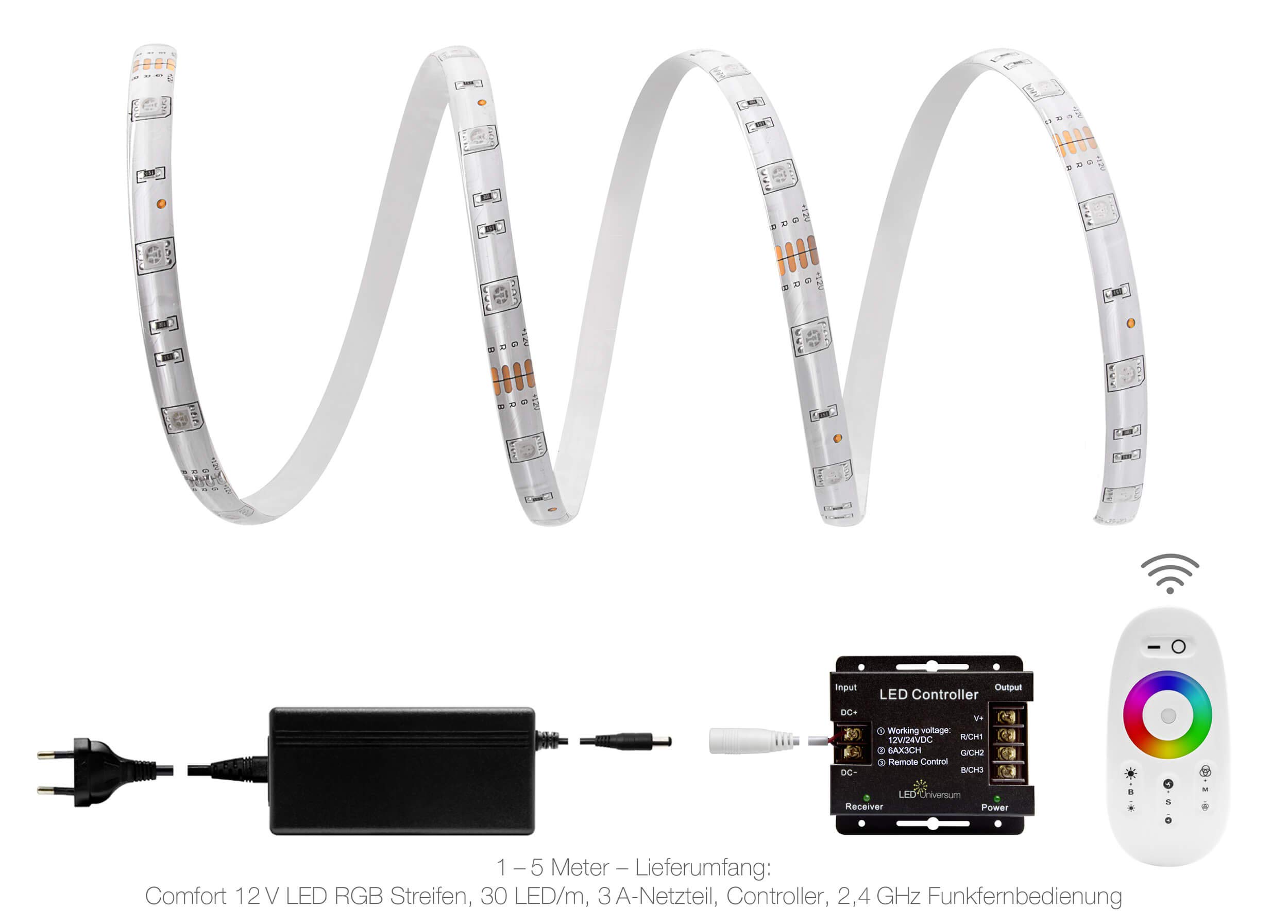 1 m RGB Tira LED Set (30 LED/M, IP65) Incluye 2,4 GHz inalámbrico controlador, mando a distancia y fuente de alimentación